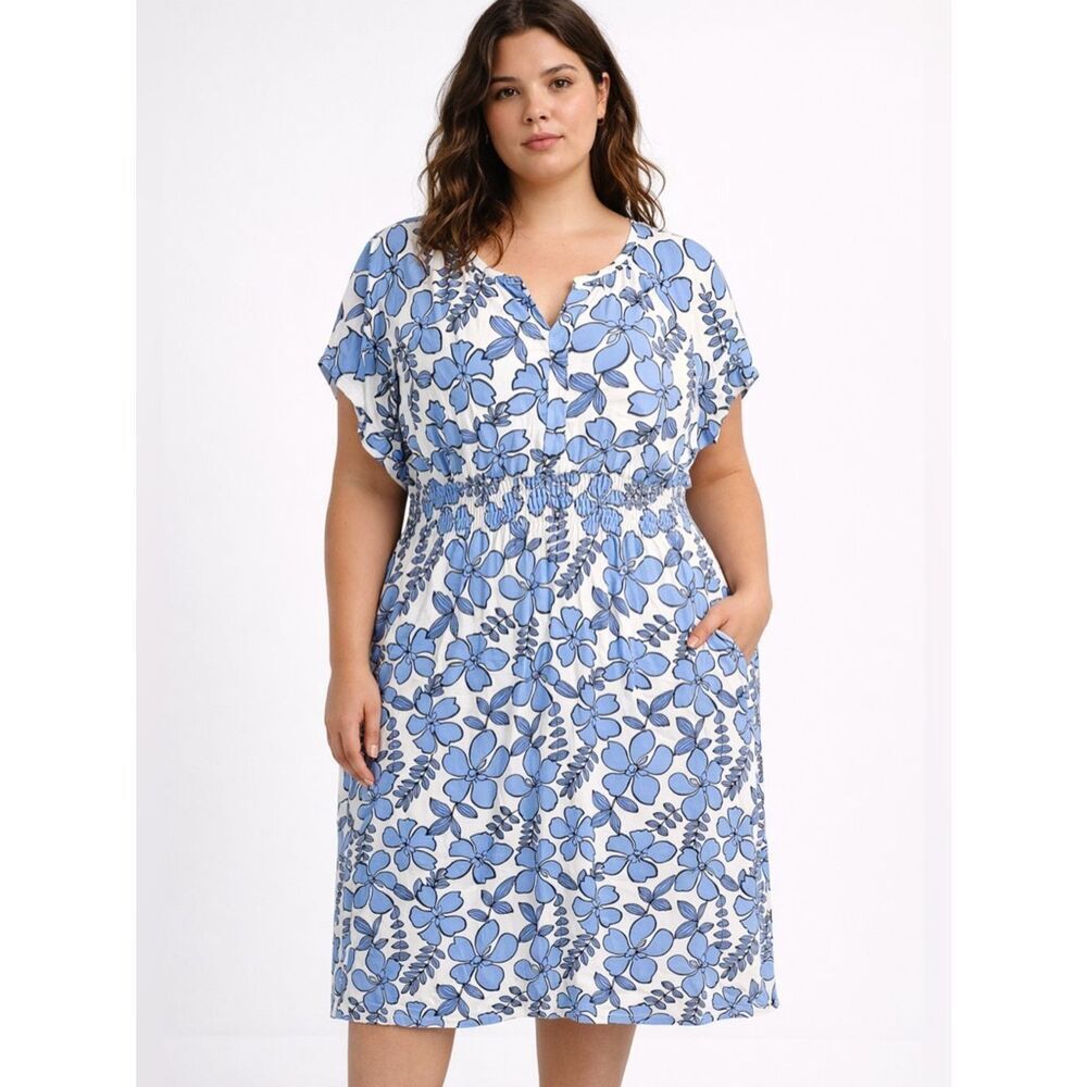 Nicole Miller New York Tropical Floral Midi Dress Pockets Blue White Plus 1X NWT